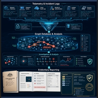 ProtecTRON investigation workflow diagram: telemetry and incident logs are ingested into a graph database, correlated and enriched during investigation and analysis, and produced as evidentiary reporting.